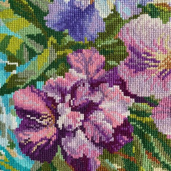 Handmade Cross Stitch Throw Pillow Cover Multicolor Iris Floral OOAK - Picture 4 of 5